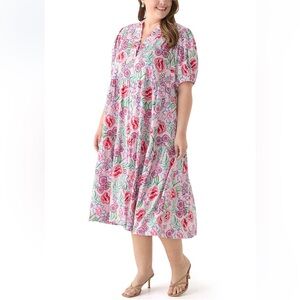 Crown & Ivy Short Sleeve Ruffle Neck Printed Midi Dress Size 1X